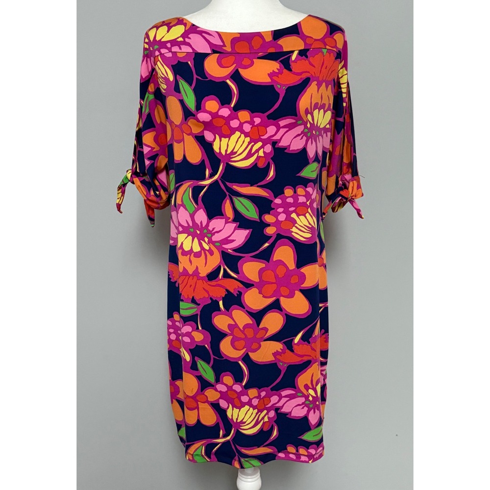 Trina Turk Floral Stretch Jersey Boatneck Mini Dress 3/4 Split Tie Sleeve Size M